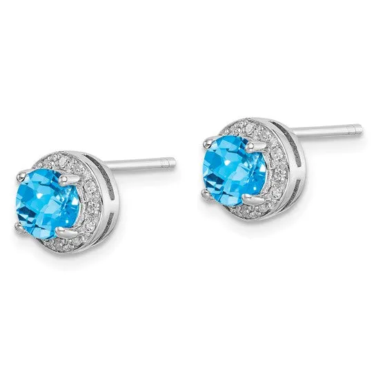 Sterling Silver Diamond & Swiss Blue Topaz Halo 8mm Stud Earrings