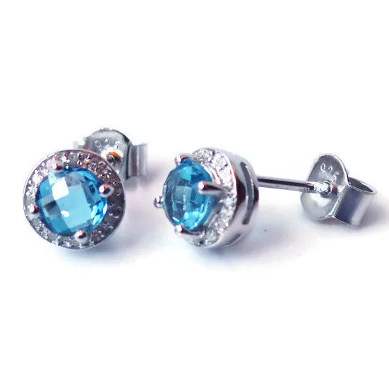 Sterling Silver Diamond & Swiss Blue Topaz Halo 8mm Stud Earrings