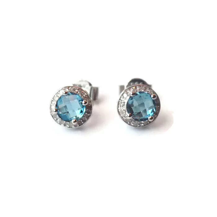 Sterling Silver Diamond & Swiss Blue Topaz Halo 8mm Stud Earrings