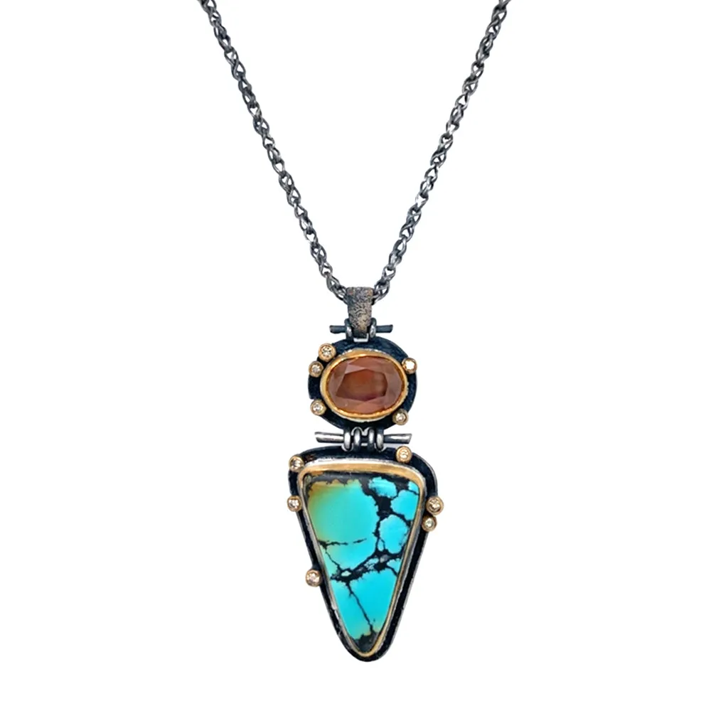 Sterling Silver, Gold, Turquoise & Cassiterite Necklace - "Western Sky"