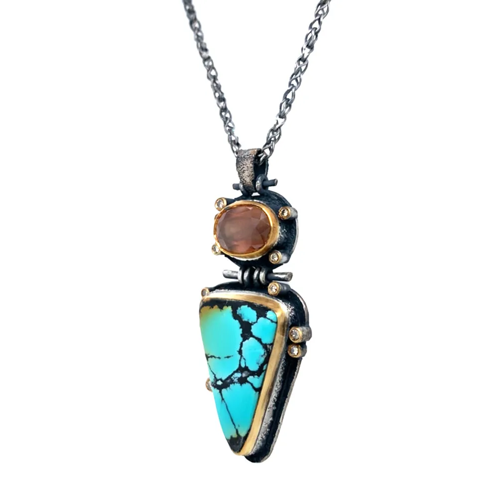 Sterling Silver, Gold, Turquoise & Cassiterite Necklace - "Western Sky"