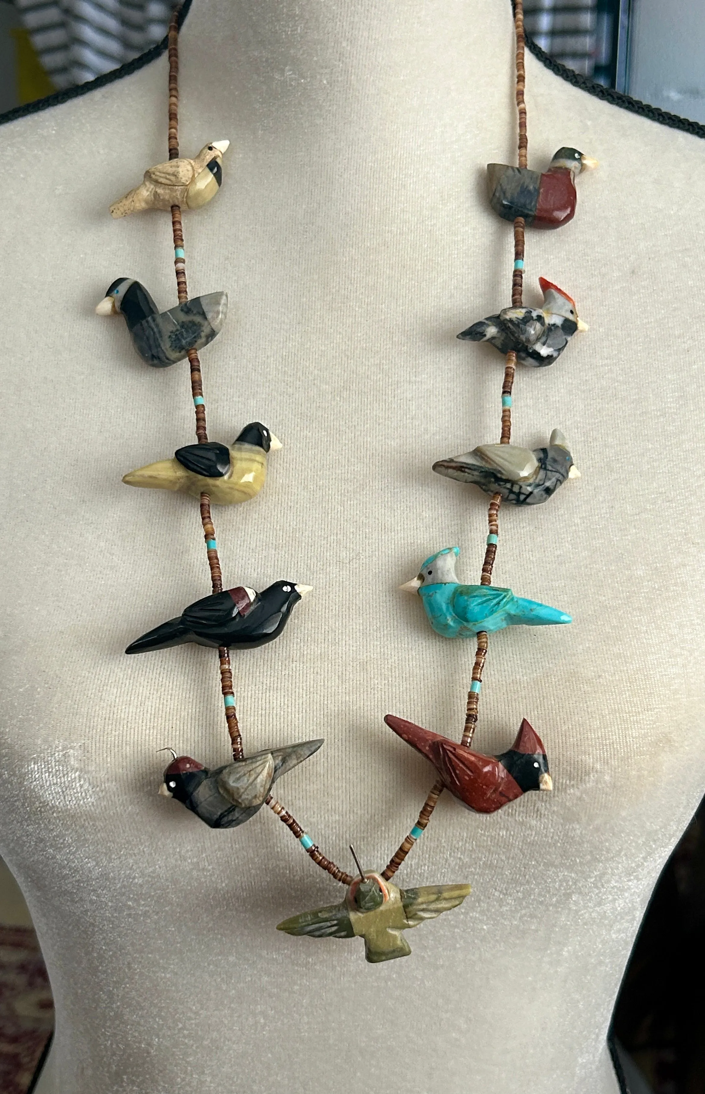 Sterling Silver Heishi Carved Bird Fetish Necklace 11 Birds Turquoise Mixed