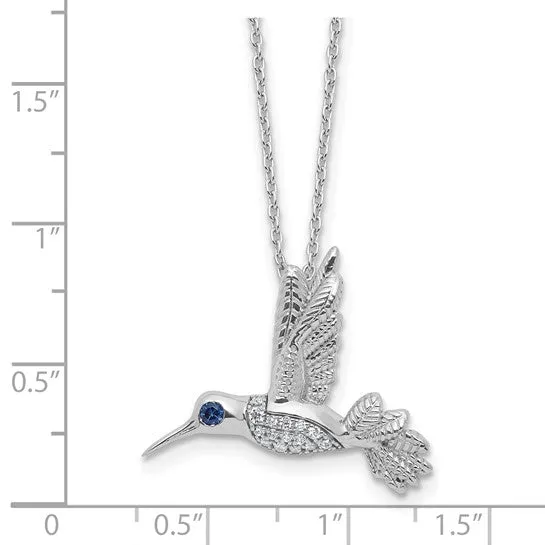 Sterling Silver White Ice Diamond and Blue Sapphire Hummingbird Necklace