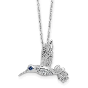 Sterling Silver White Ice Diamond and Blue Sapphire Hummingbird Necklace