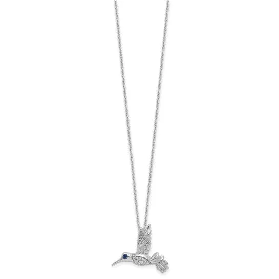 Sterling Silver White Ice Diamond and Blue Sapphire Hummingbird Necklace