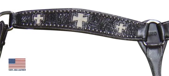 Tahoe Sunspots Floral Tooled Triple Cross Inlaid Breast Collar USA Leather