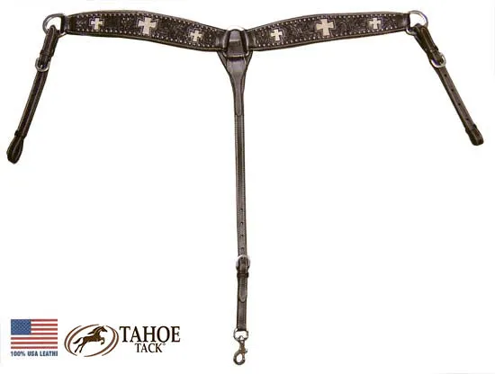 Tahoe Sunspots Floral Tooled Triple Cross Inlaid Breast Collar USA Leather