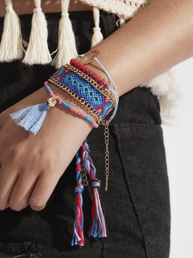 Tassel Detail Beaded & Woven Bracelet Set