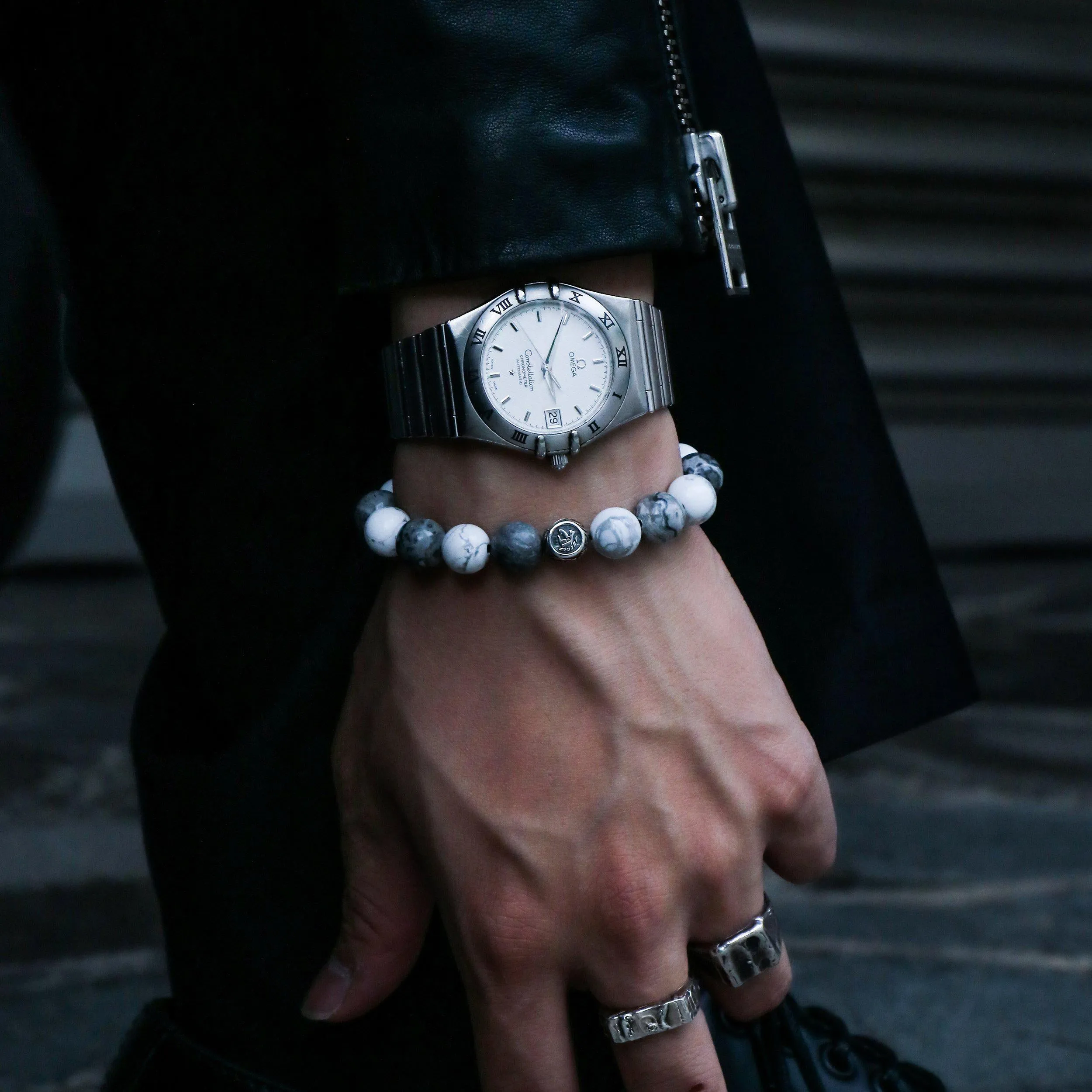 The Vault Hunter | Silver Dragrose Picasso Jasper Howlite Beaded Bracelet