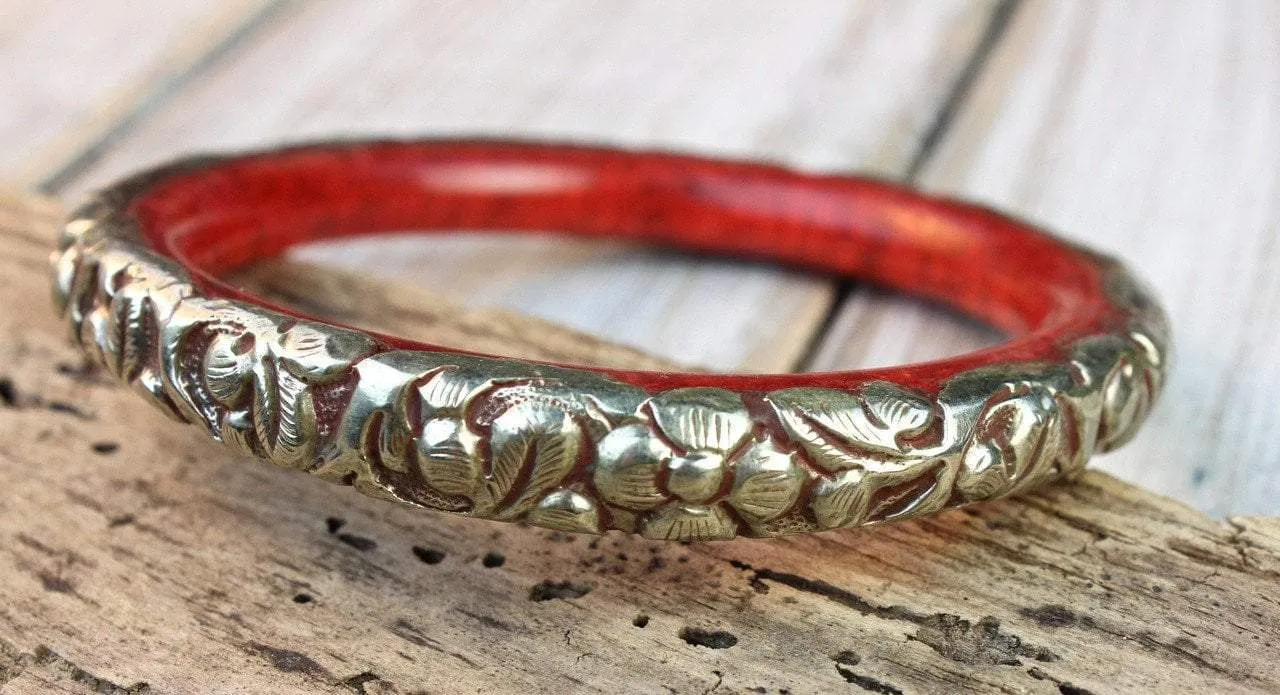 Tibetan Red Copal Bracelet With Flowers