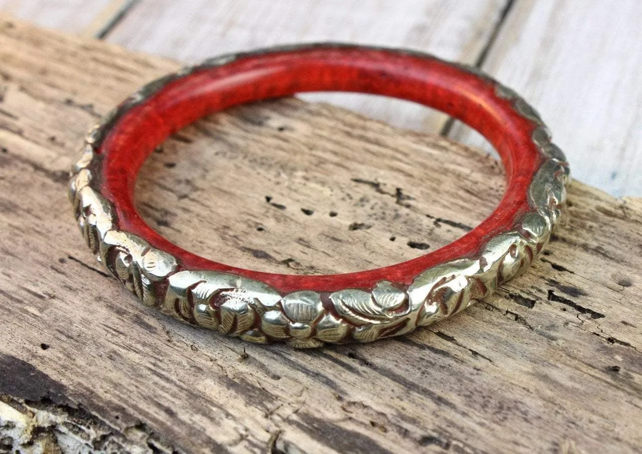 Tibetan Red Copal Bracelet With Flowers