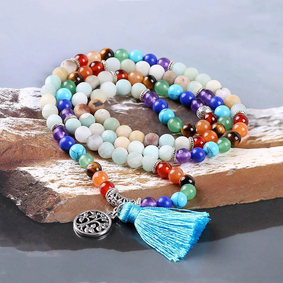 Tree of Life 7 Chakra Amazonite 108 Mala Beads Bracelet