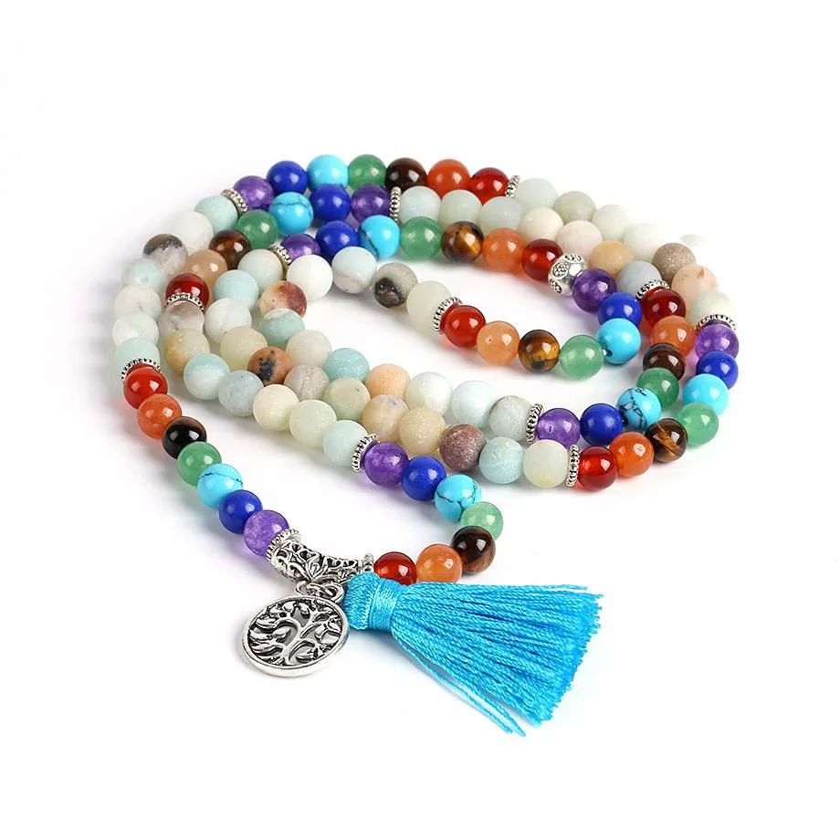 Tree of Life 7 Chakra Amazonite 108 Mala Beads Bracelet