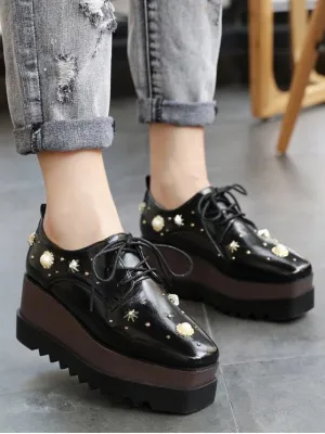 Trendy PU Leather Faux Pearl Embellished Wedge Shoes