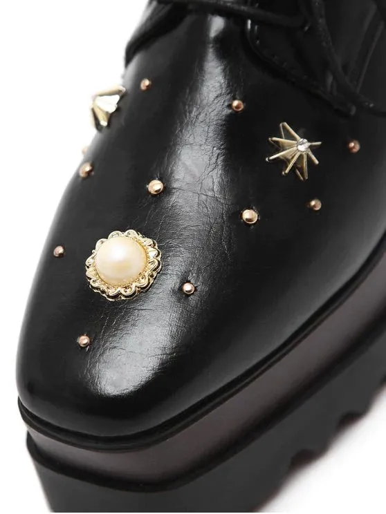 Trendy PU Leather Faux Pearl Embellished Wedge Shoes