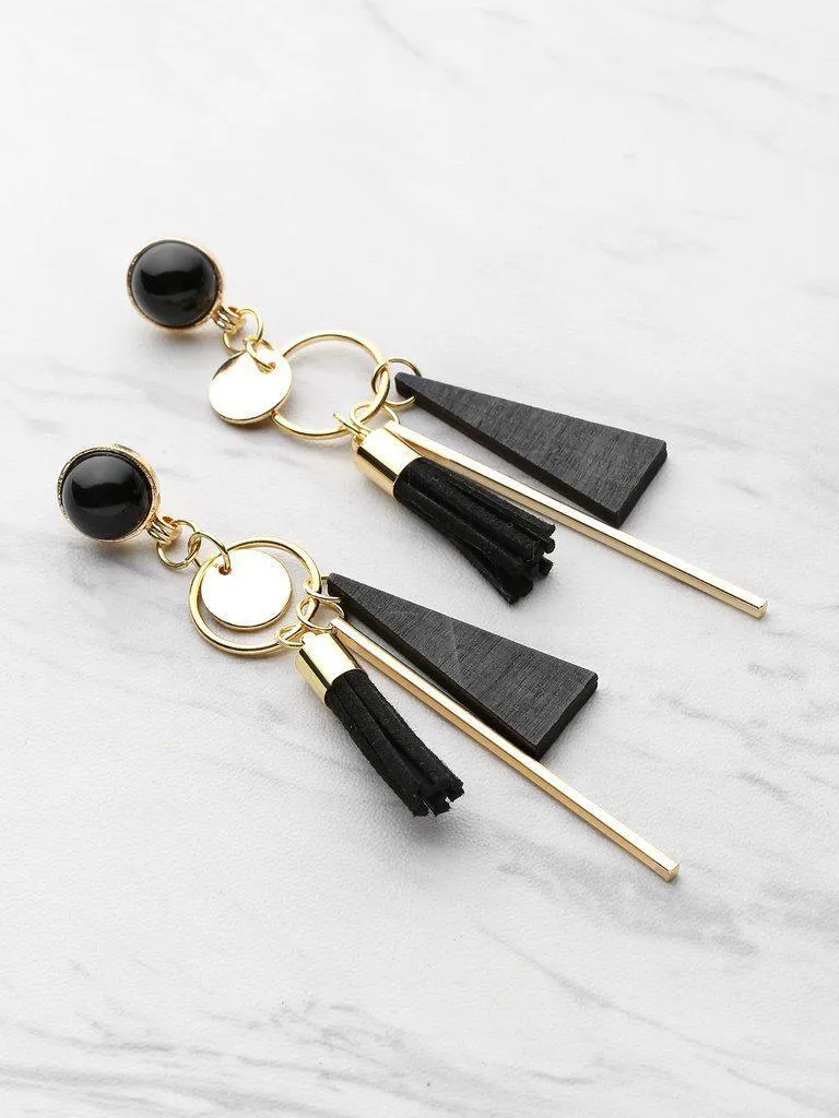 Triangle And Tassel Detail Drop Earrings With Gemstone