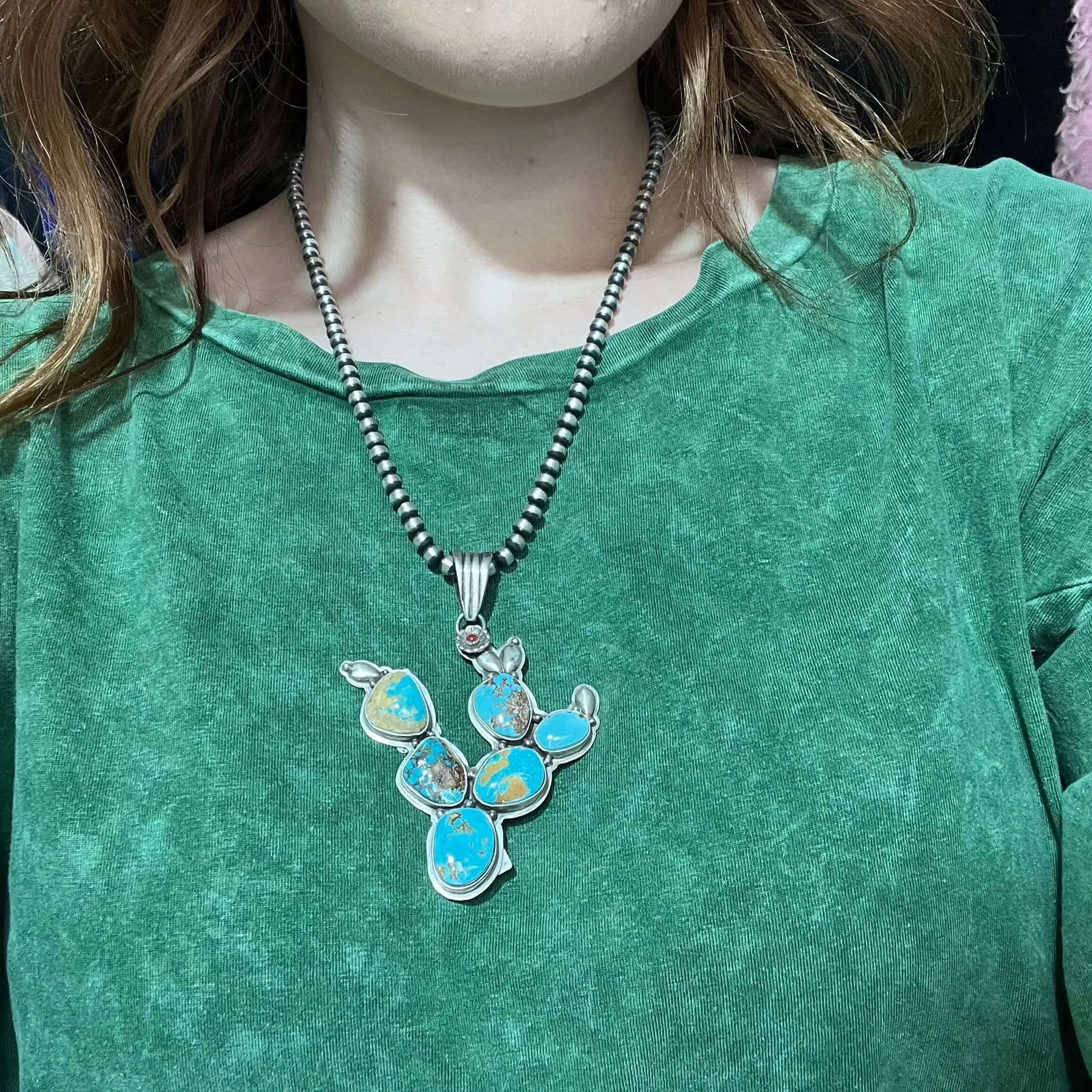 Turquoise Cactus Genuine Necklace Pendant.