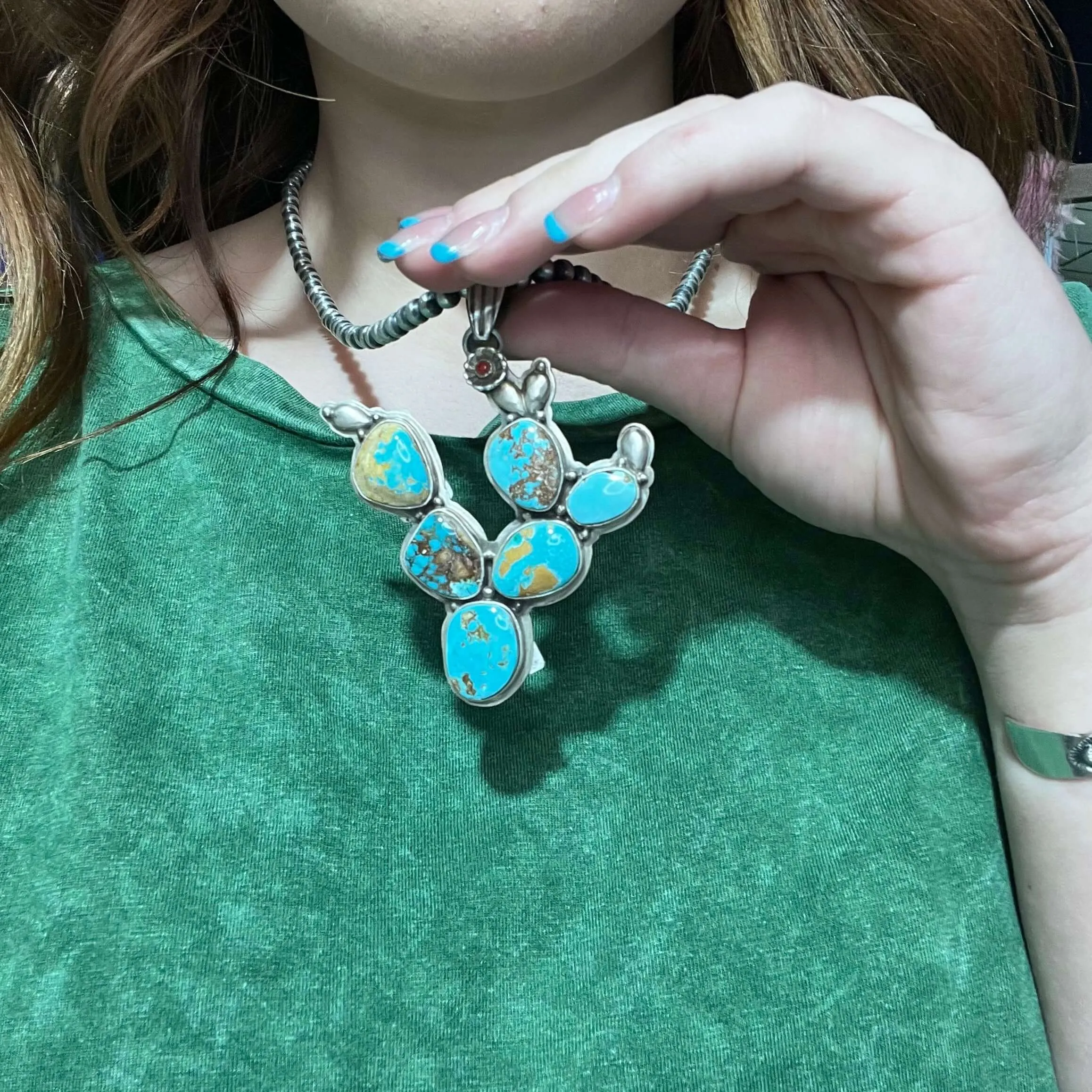 Turquoise Cactus Genuine Necklace Pendant.