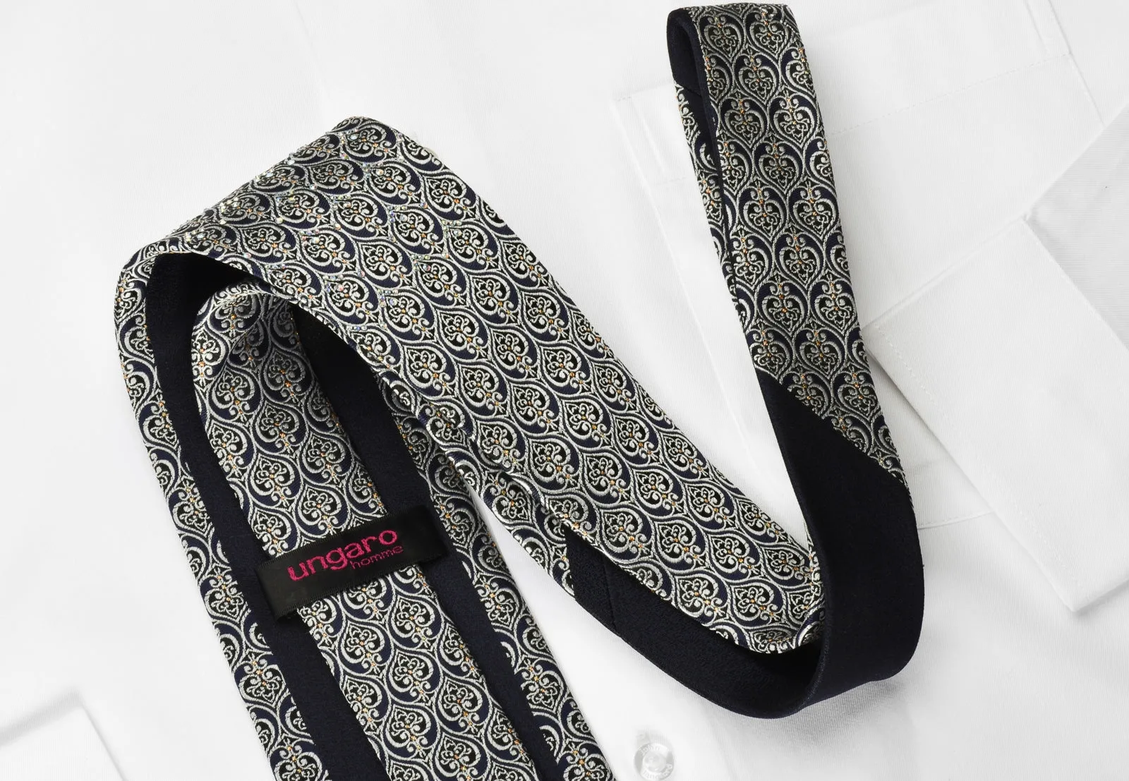 Ungaro Rhinestone Necktie Silver Filigree On Navy With Gold Sparkles