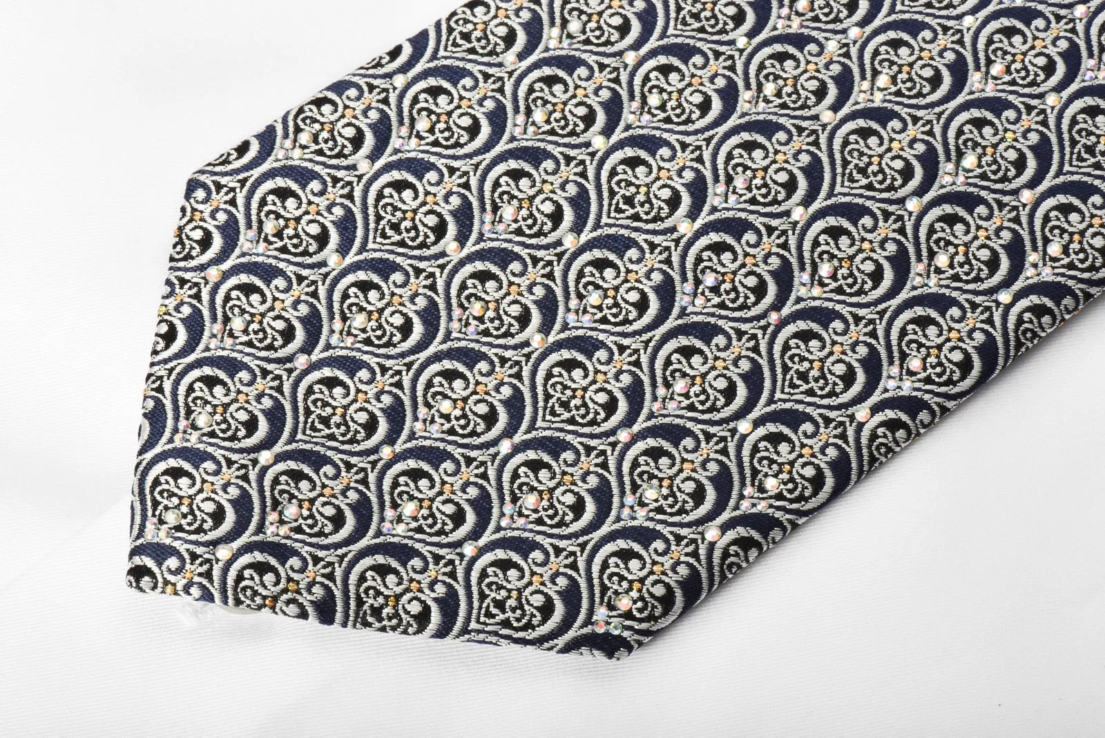 Ungaro Rhinestone Necktie Silver Filigree On Navy With Gold Sparkles