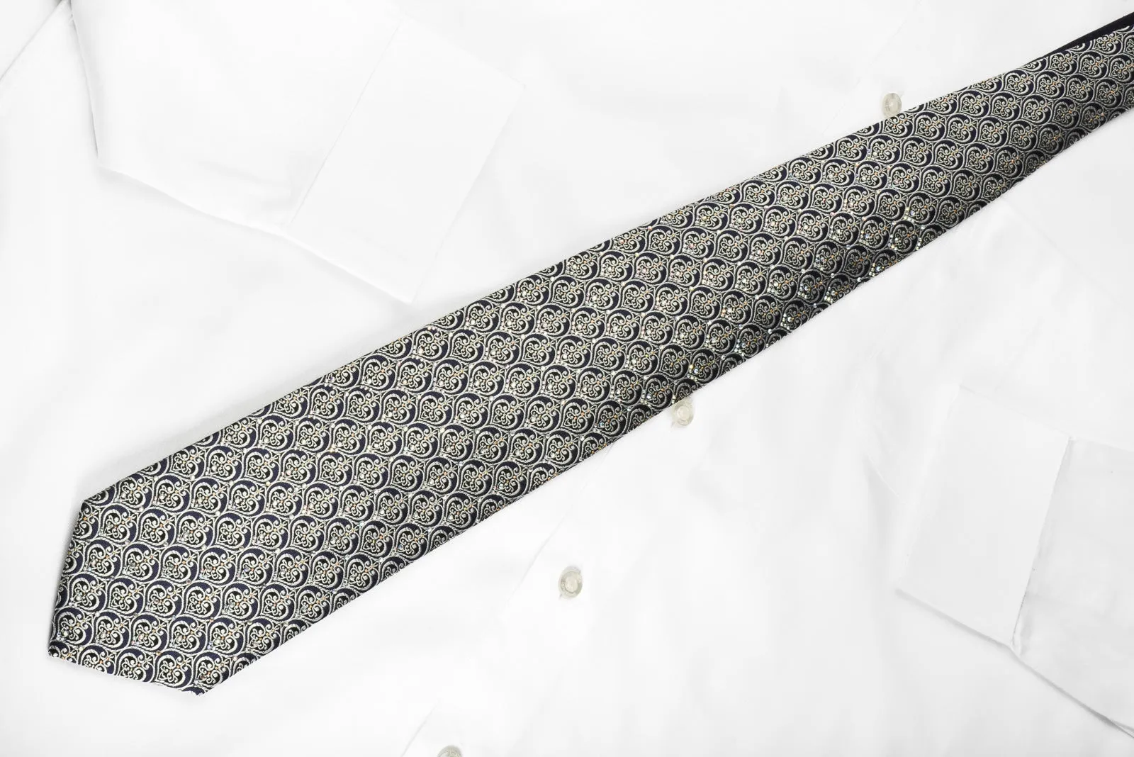 Ungaro Rhinestone Necktie Silver Filigree On Navy With Gold Sparkles