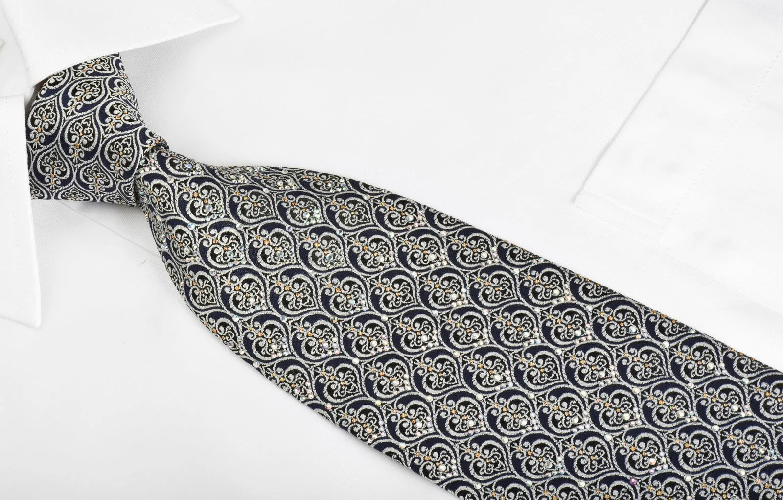 Ungaro Rhinestone Necktie Silver Filigree On Navy With Gold Sparkles