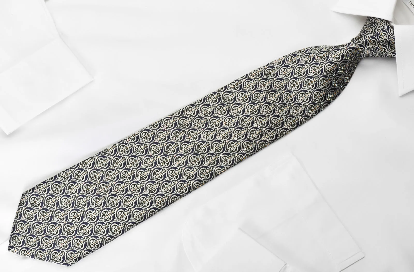 Ungaro Rhinestone Necktie Silver Filigree On Navy With Gold Sparkles