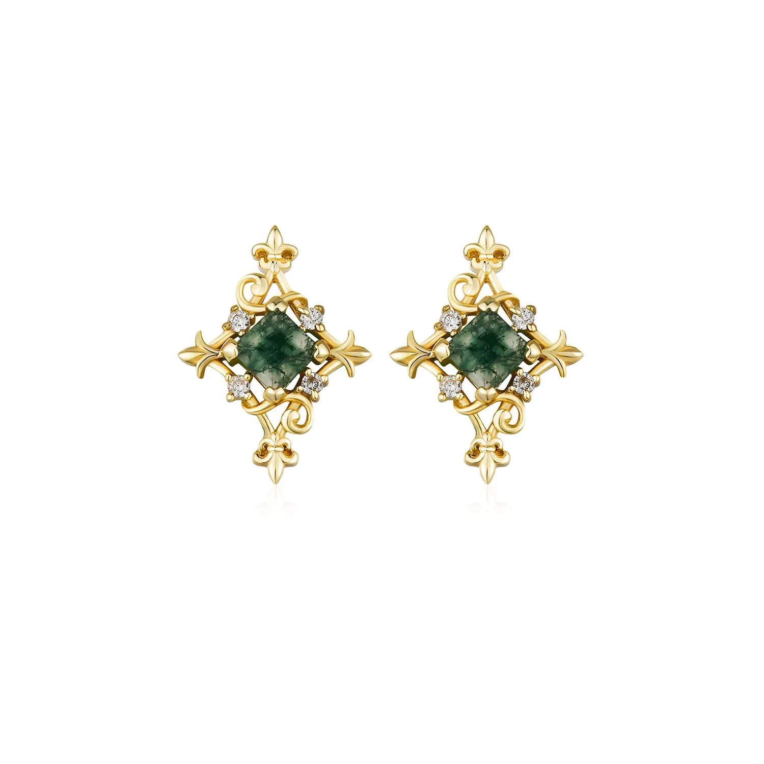 Vine Diamond Moss Agate Studs (Yellow Gold)