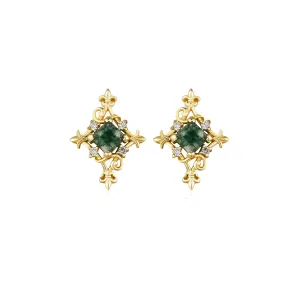 Vine Diamond Moss Agate Studs (Yellow Gold)