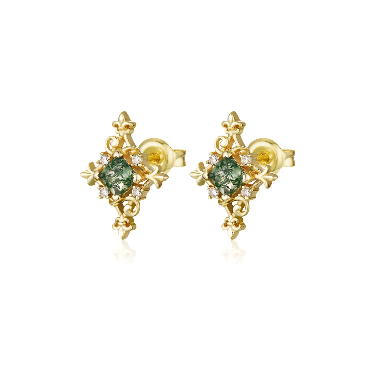 Vine Diamond Moss Agate Studs (Yellow Gold)