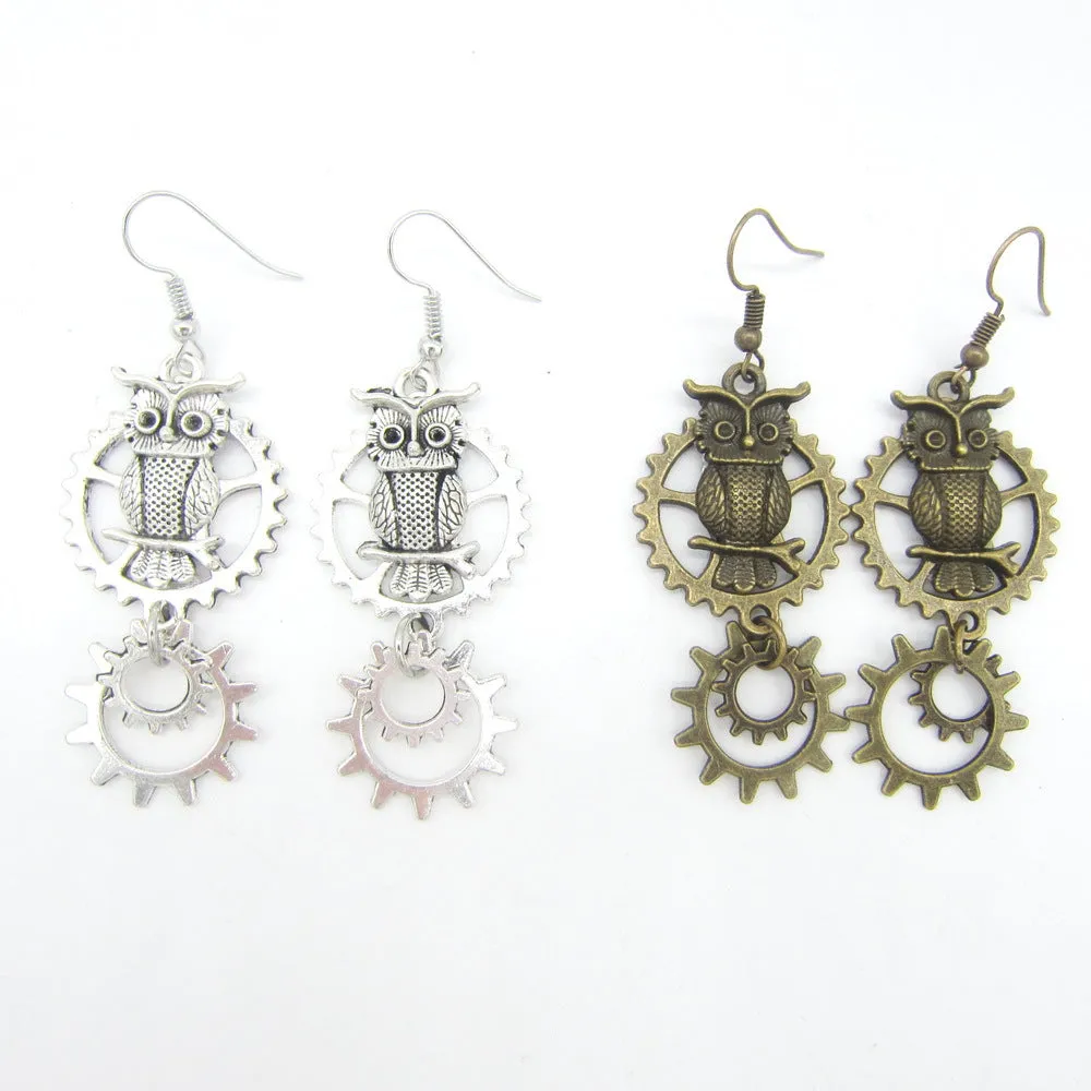 Vintage Owl Double Ring Gear Earrings