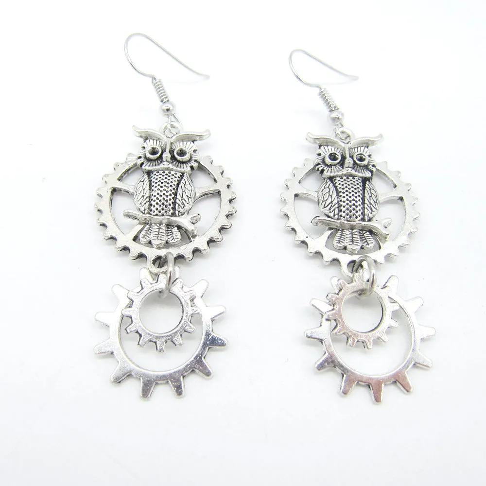 Vintage Owl Double Ring Gear Earrings