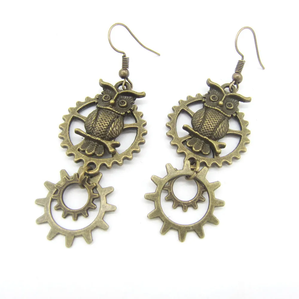 Vintage Owl Double Ring Gear Earrings