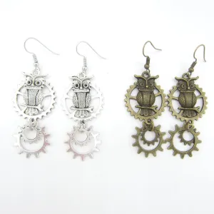 Vintage Owl Double Ring Gear Earrings