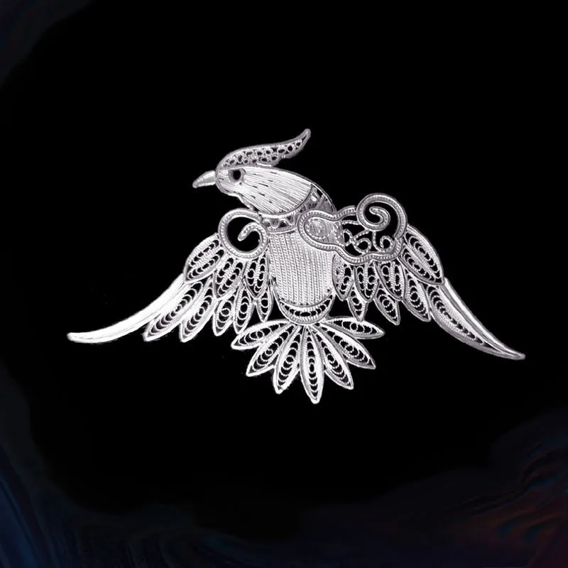 Vintage Plain Silver Filigree Auspicious Bird Phoenix Brooch for Women