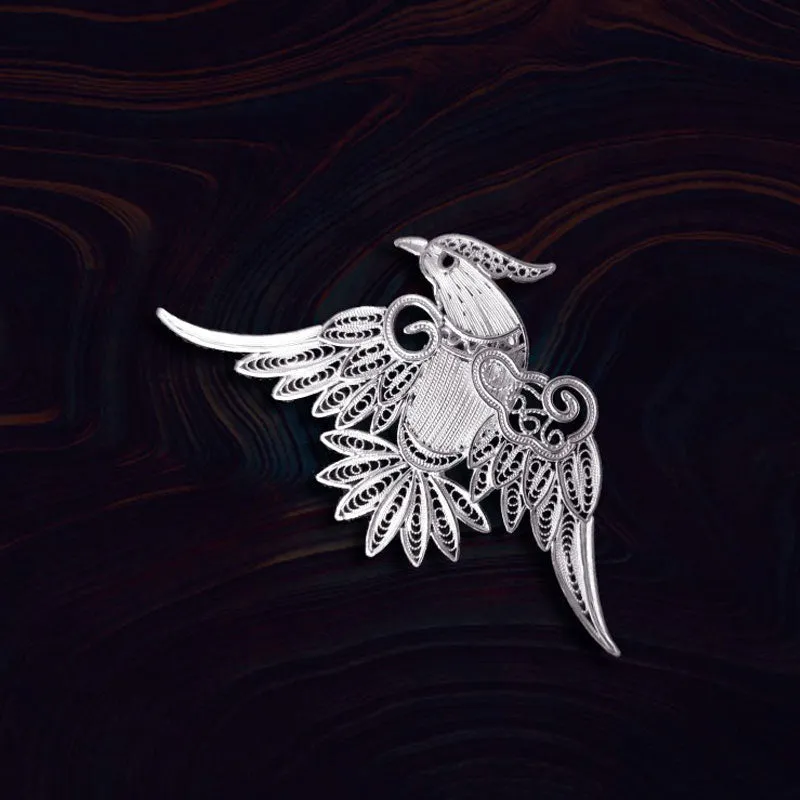 Vintage Plain Silver Filigree Auspicious Bird Phoenix Brooch for Women