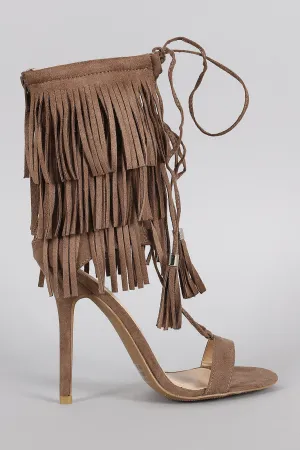 Wild Diva Lounge Fringe Cuff Tassel Lace Up Open Toe Heel